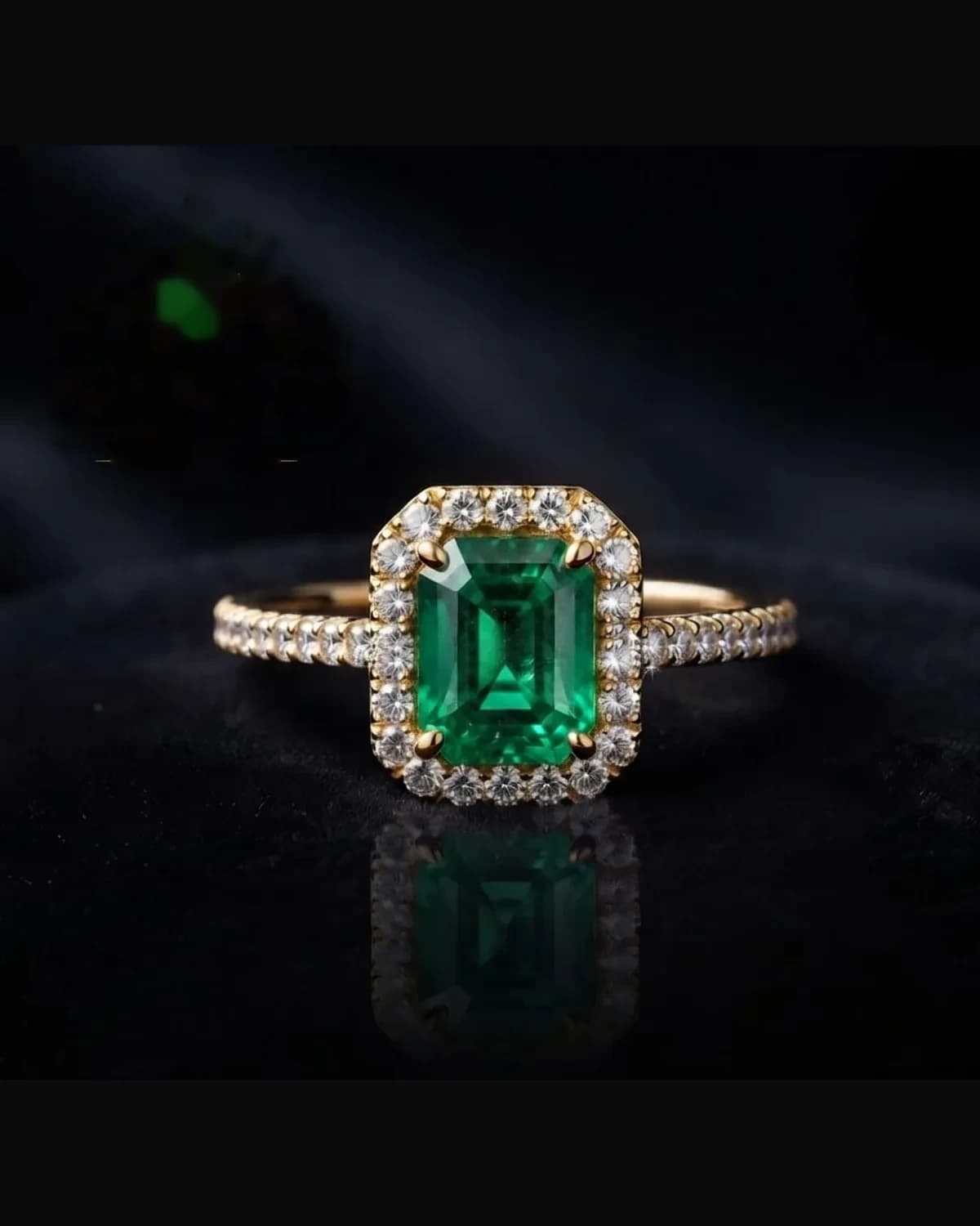 Anillo Majestad de Muzo — esmeralda colombiana con halo de diamantes en oro 18k