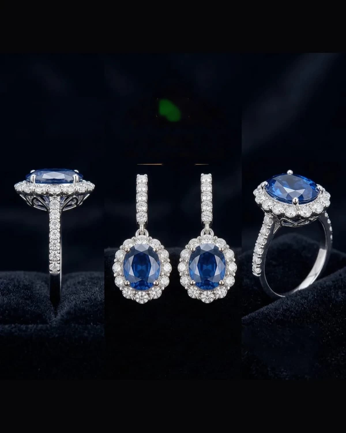 Juego Noche de Zafiro — aretes y anillo de zafiro con halo de diamantes, Salomé C.C
